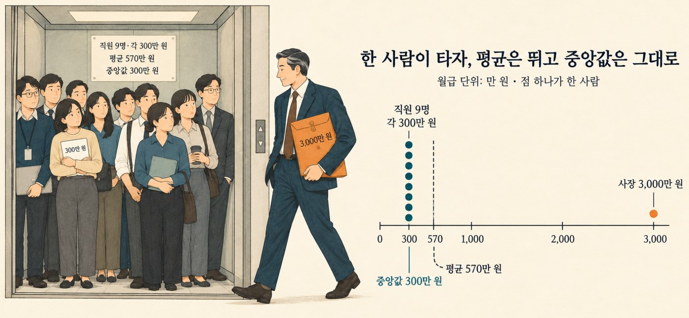 엘리베이터 10명의 평균과 중앙값