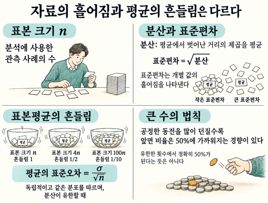 자료의 흩어짐과 평균의 흔들림은 다르다